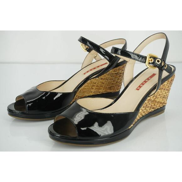 Prada Sport Black Patent Ankle Strap Woven Raffia Wedge Heel Sandals - Picture 7 of 12